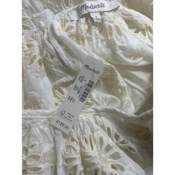 Madewell Embroidered Shirred Puff-Sleeve Eyelet Off White Top S Small New - Picture 10 of 10
